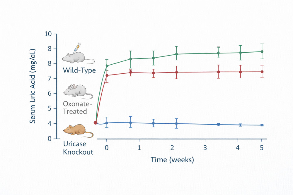 Comparison of serum uric acid levels in wild-type vs. oxonate-treated vs. uricase knockout mice over time