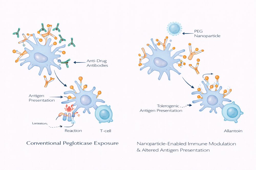 Conceptual comparison of standard uricase therapy and immune-modulated nano-delivery