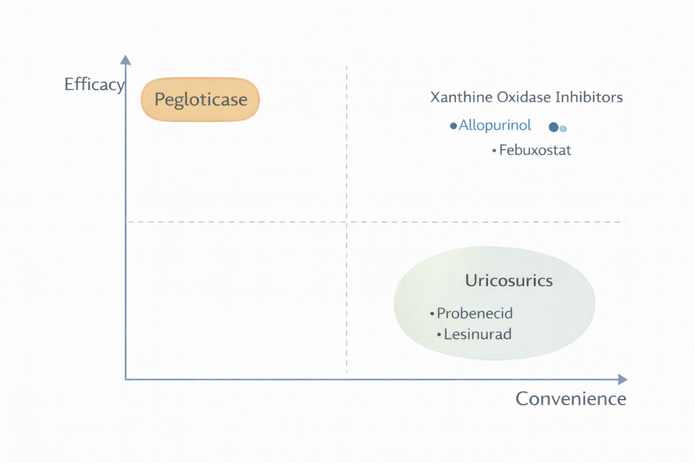 Market positioning map showing pegloticase relative to other gout therapies on efficacy vs. convenience axes