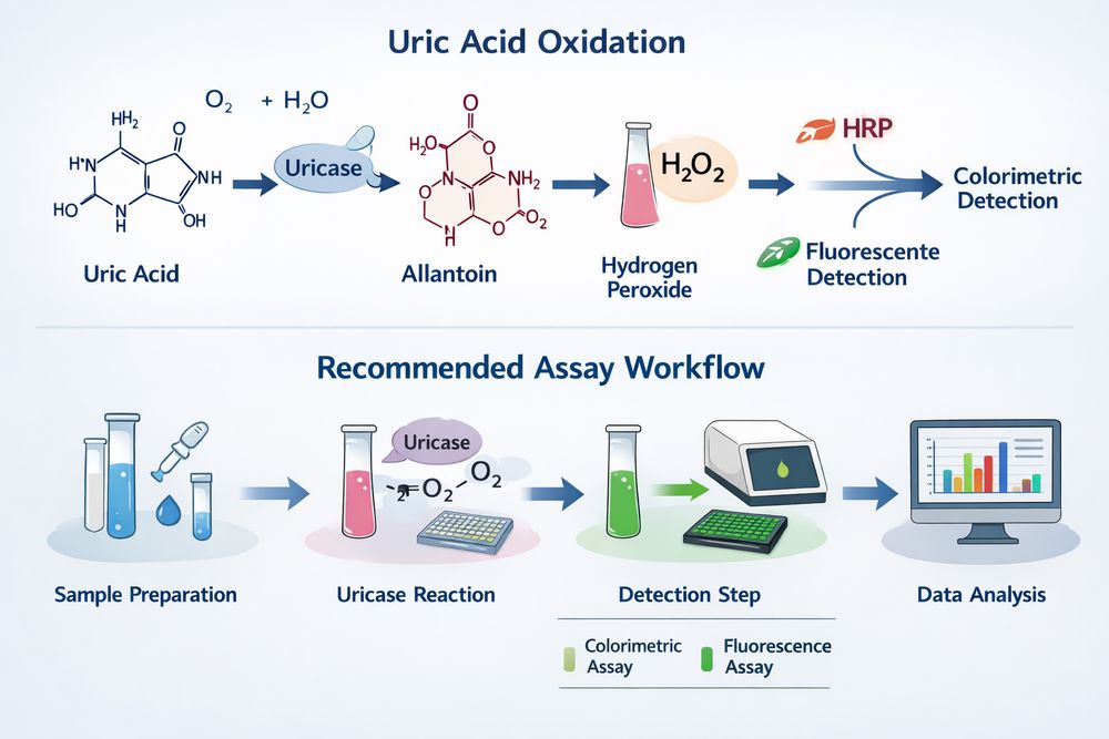 Reaction overview for uric acid oxidation and recommended assay workflow