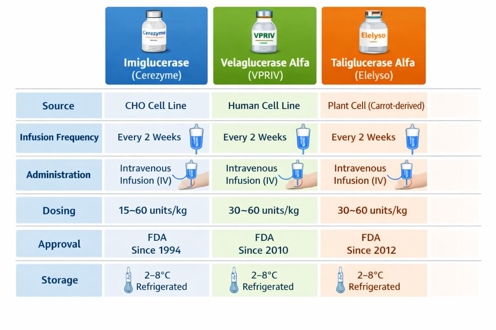 Overview of three ERT products for Gaucher disease