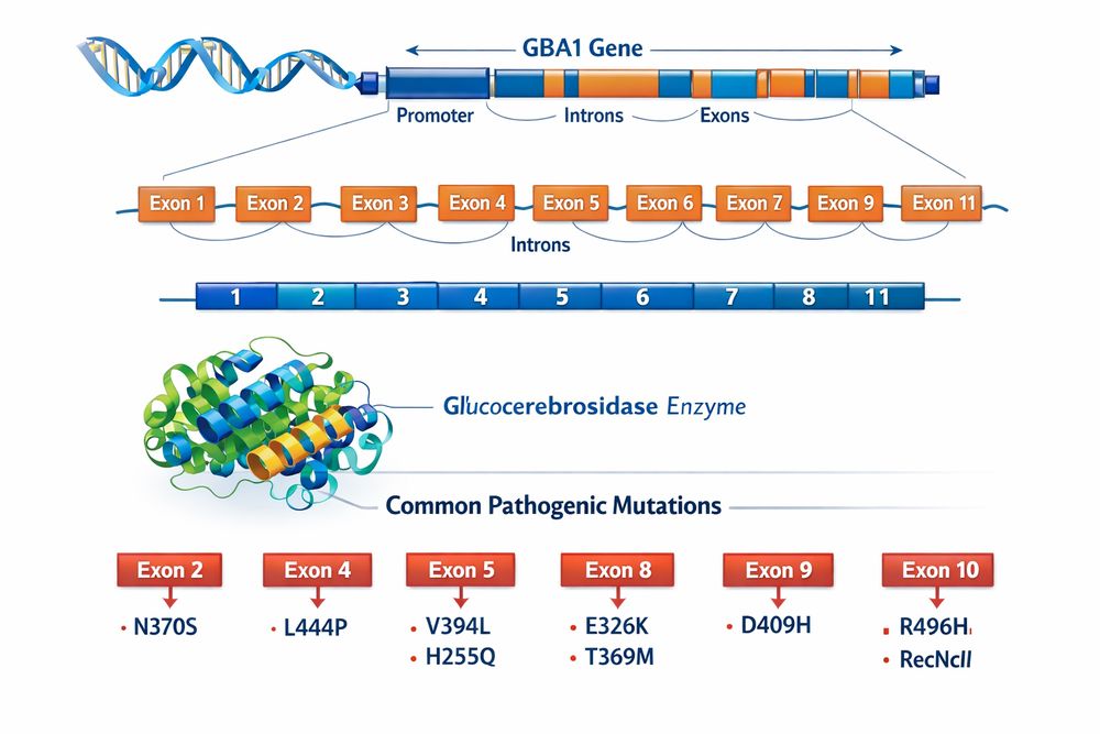 GBA1 gene structure and mutation distribution