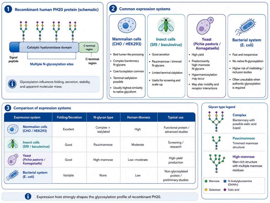 Recombinant human PH20 expression systems and glycosylation profiles
