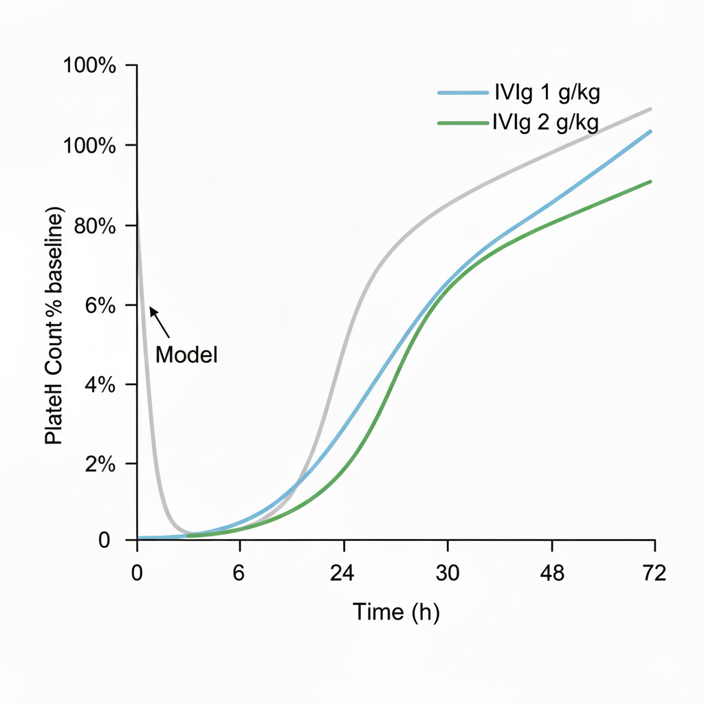Representative platelet recovery curve in IVIg-treated ITP mouse model schematic showing platelet count percentages over time from 0 to 72 hours