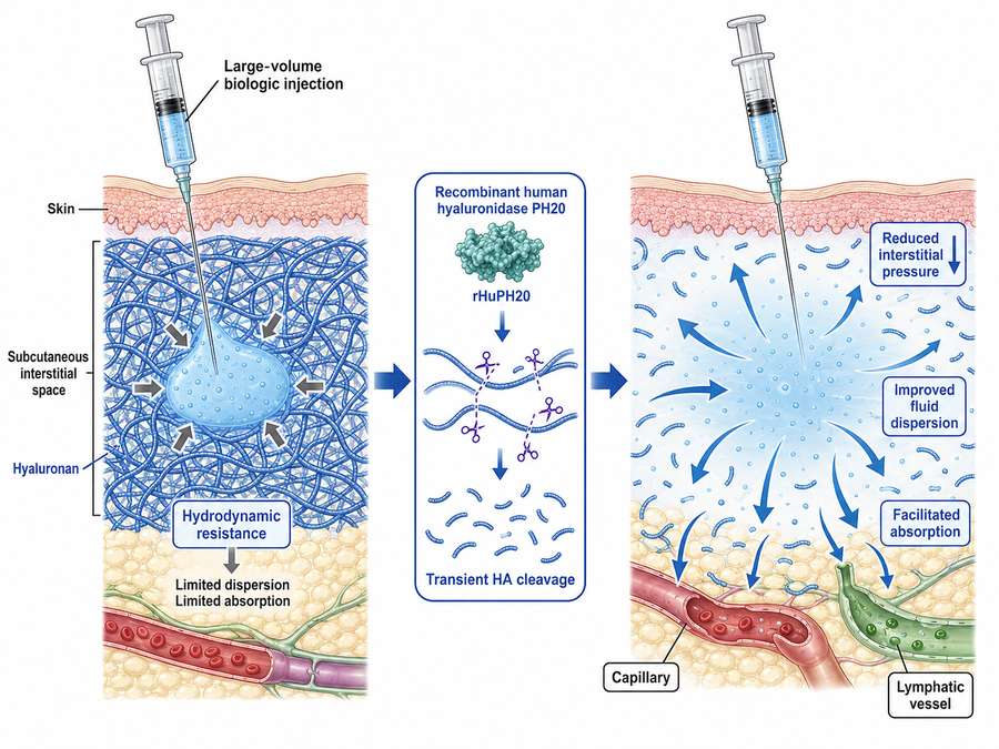 Hyaluronidase overcomes the extracellular matrix barrier to subcutaneous delivery