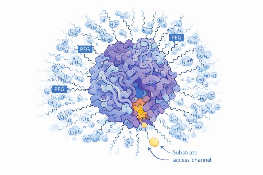 Molecular model showing PEG chains surrounding enzyme active site with substrate access channel