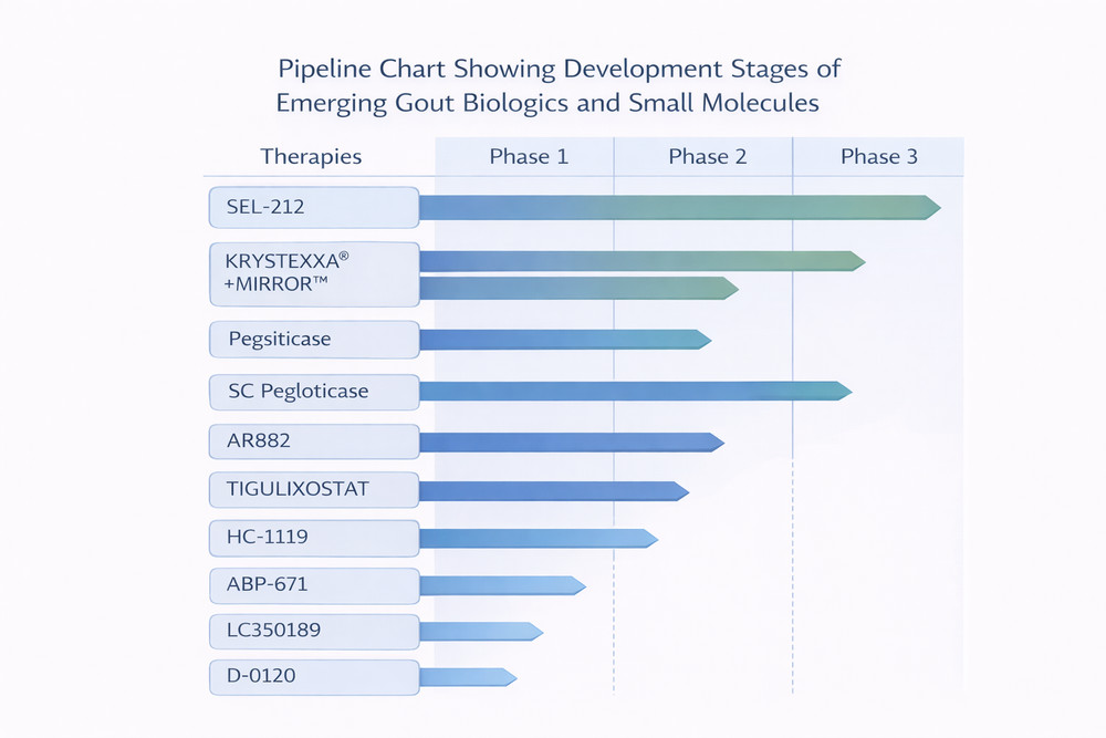 Pipeline chart showing development stages of emerging gout biologics and small molecules