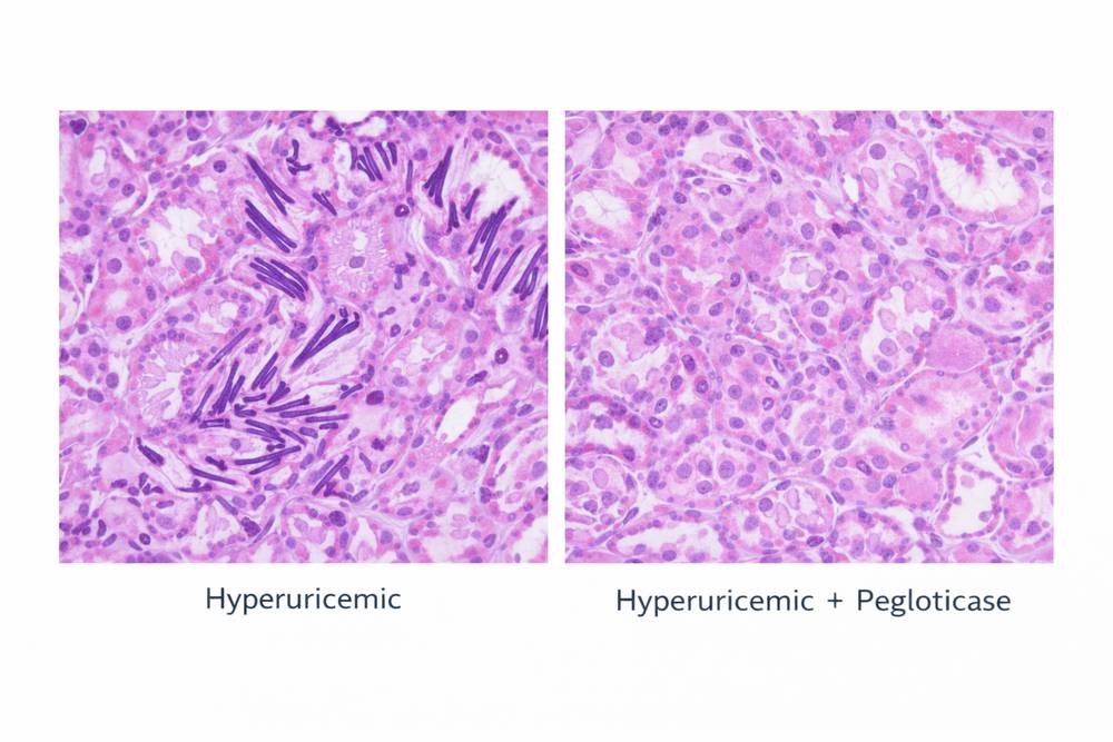 Representative kidney histology images showing uric acid crystal deposition in hyperuricemic mice and reduction with pegloticase treatment