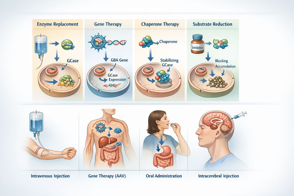 Comparative overview of GBA-based therapeutic mechanisms and delivery routes