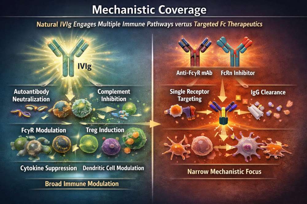 Mechanistic coverage - Natural IVIg engages multiple immune pathways versus targeted Fc therapeutics