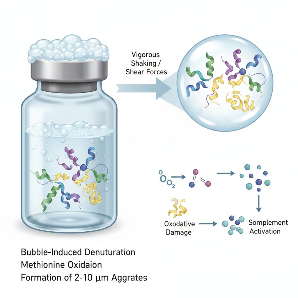 Molecular mechanism schematic of bubble formation and protein aggregation during reconstitution