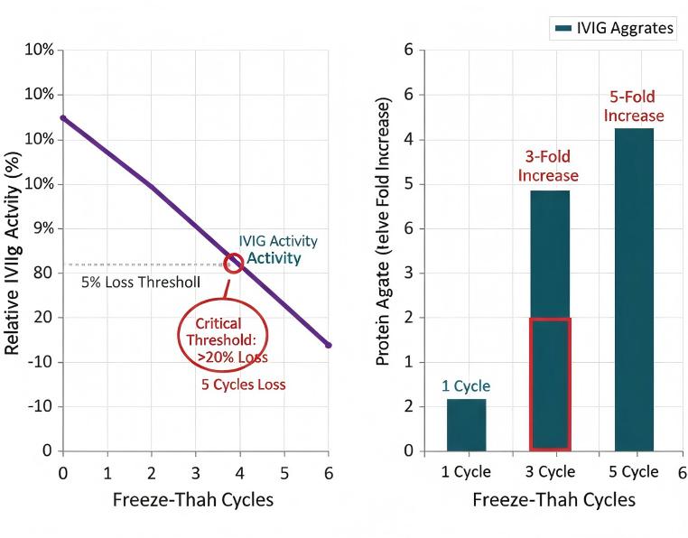 Correlation curves between freeze-thaw cycles and IVIg activity decay plus aggregate formation