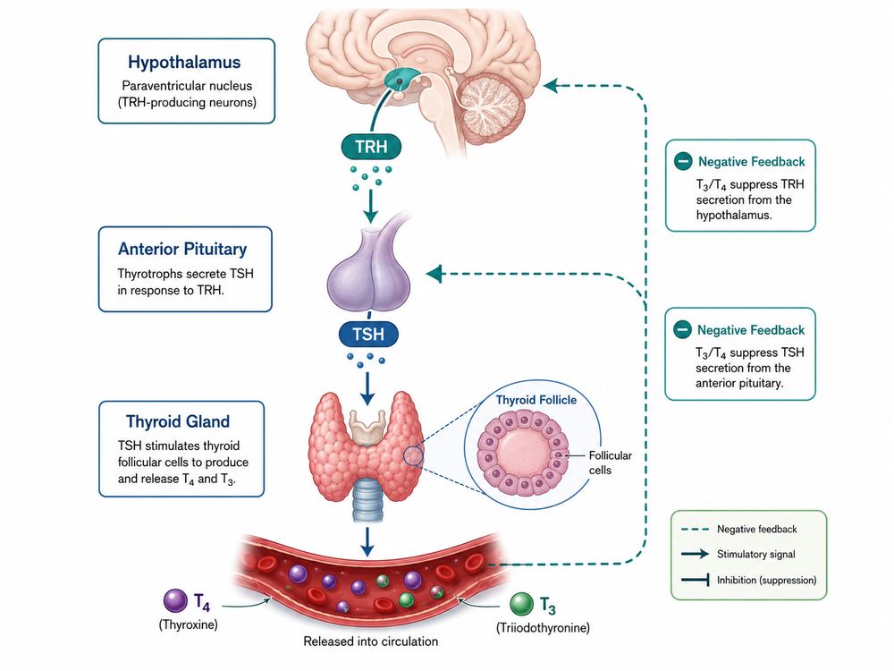 Hypothalamic-pituitary-thyroid axis showing TRH, TSH, thyroid hormone production, and negative feedback