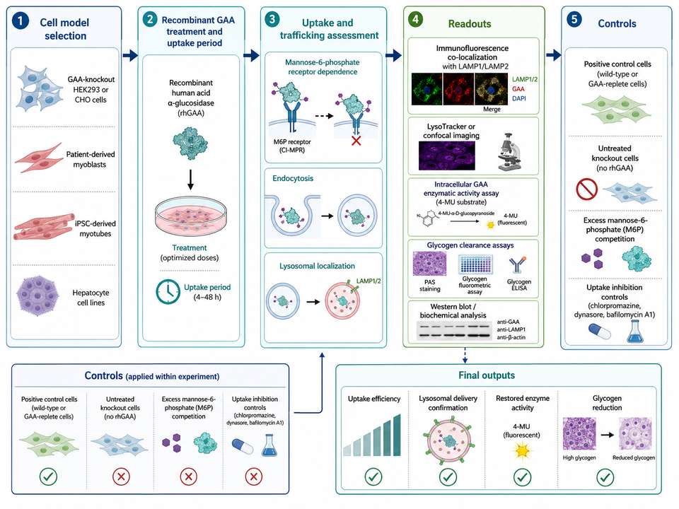 BioRender-style integrated workflow for recombinant GAA treatment, lysosomal co-localization, western blot, enzyme activity, and glycogen clearance analysis